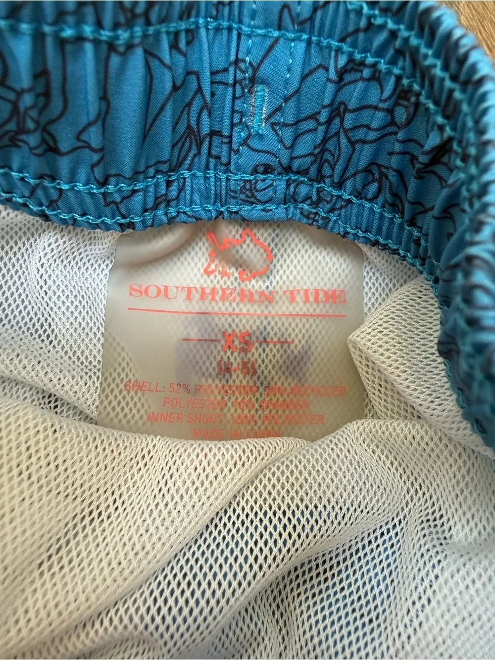 Boy’s Blue Printed Swim Shorts with Red Drawstring